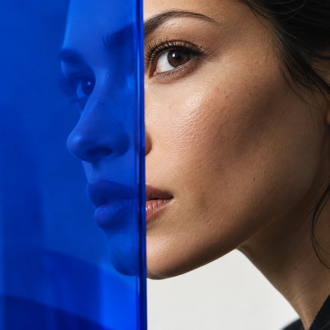 An editorial portrait reflected through a cobalt panel, showing a different perspective